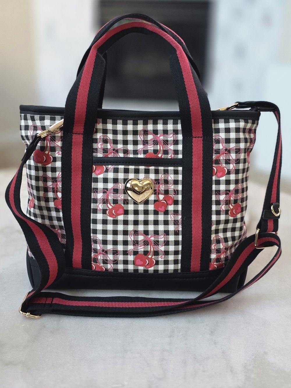 Betsey Johnson Luv Betsey LBADDIE Cherry Gingham Tote Bag Crossbody Black White
